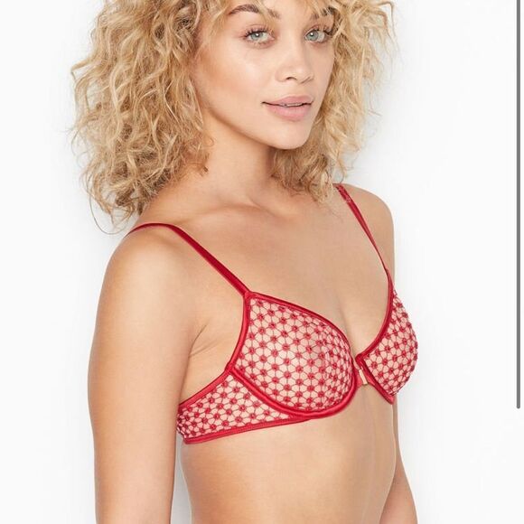 Victoria Secret Bra Unlined Demi Red Starburst Sheer Lace  36B - Picture 1 of 4
